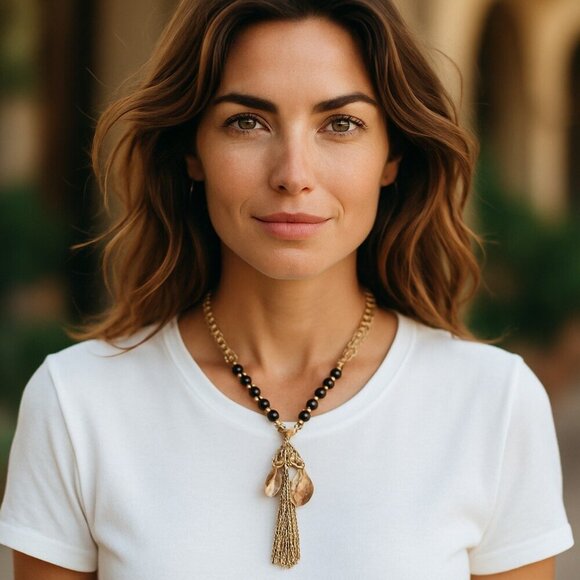 Beaded Tassel Necklace Two Options 18 or 36 Inch Length Rhinestone Accent - Picture 2 of 4